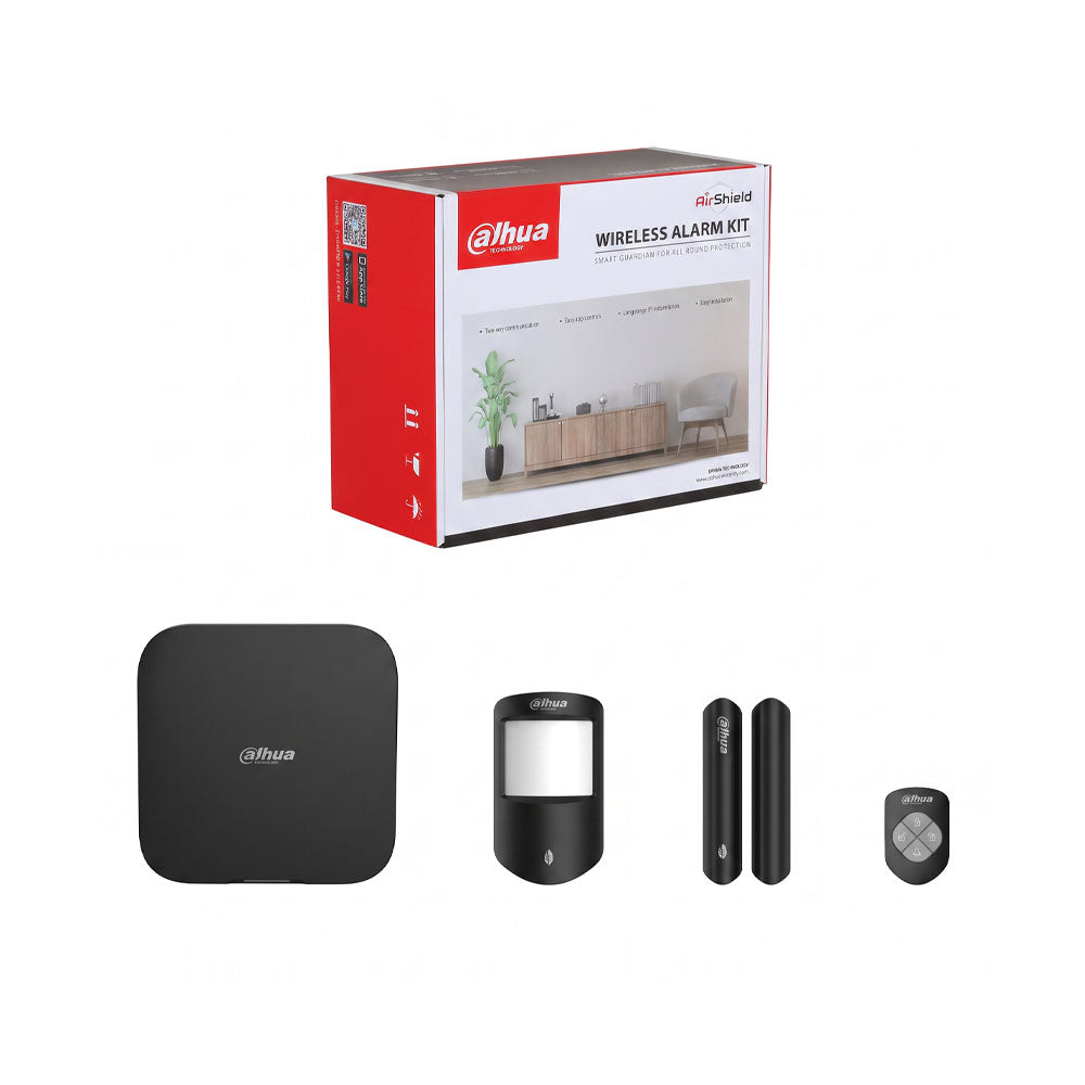 Kit d'alarme radio Dahua 868 MHz Grade 2 en noir avec détecteur PIR, contact magnétique et télécommande