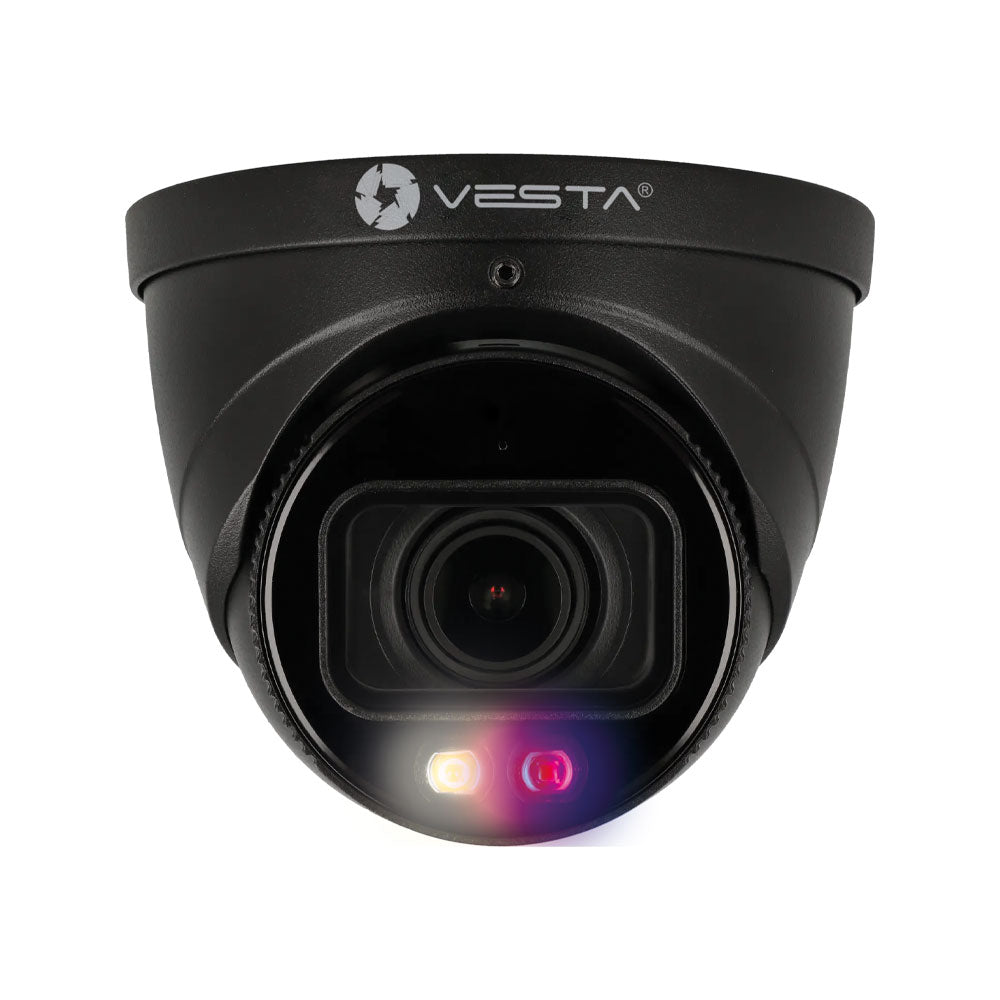 Dôme IP Vesta Advanced Video Smart Dual Light Active Deterrence Lite AI pour l'extérieur en noir. 8MP@20ips et H.265+. 0,007/0,0007 lux – IPC-T38L-ZAS-PV-B