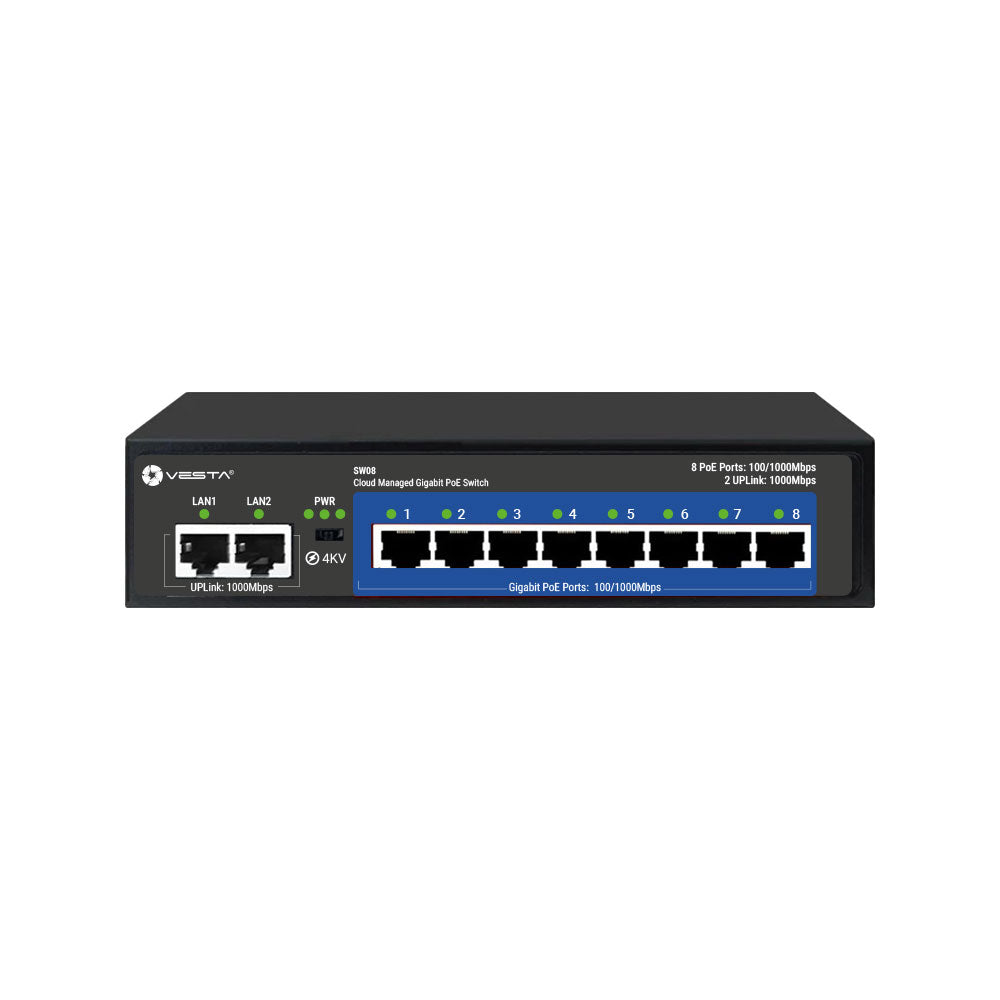 Switch PoE géré dans le cloud VESTA. 8 ports PoE Gigabit et 2 ports Gigabit en cascade – SW08