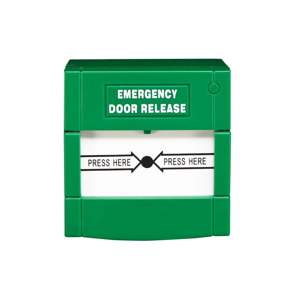 Bouton d'urgence vert réarmable adapté aux portes de sortie de secours