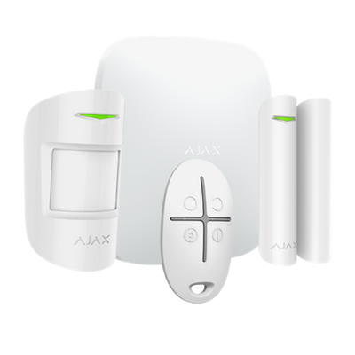Kit d'alarme Ajax Hub avec détecteur de mouvement, contact de porte et télécommande, blanc
