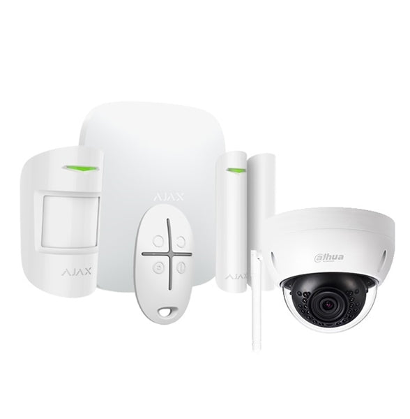 Ajax Hubkit blanc, GSM/IP hub, PIR, détecteur magnétique, télécommande et caméra Wi_Fi 3MP dôme anti-vandal avec IR