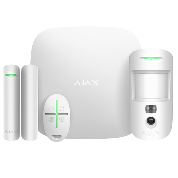 Ajax Hub2kit blanc, hub 2 avec IP et 2xGSM, PIRCAM, clavier avec RFID et 3 tags, sirène intérieure, détecteur magnétique, télécommande