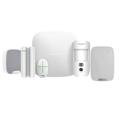Kit d'alarme Ajax Hub 2 avec PIRCAM, clavier, sirène intérieure et télécommande, blanc