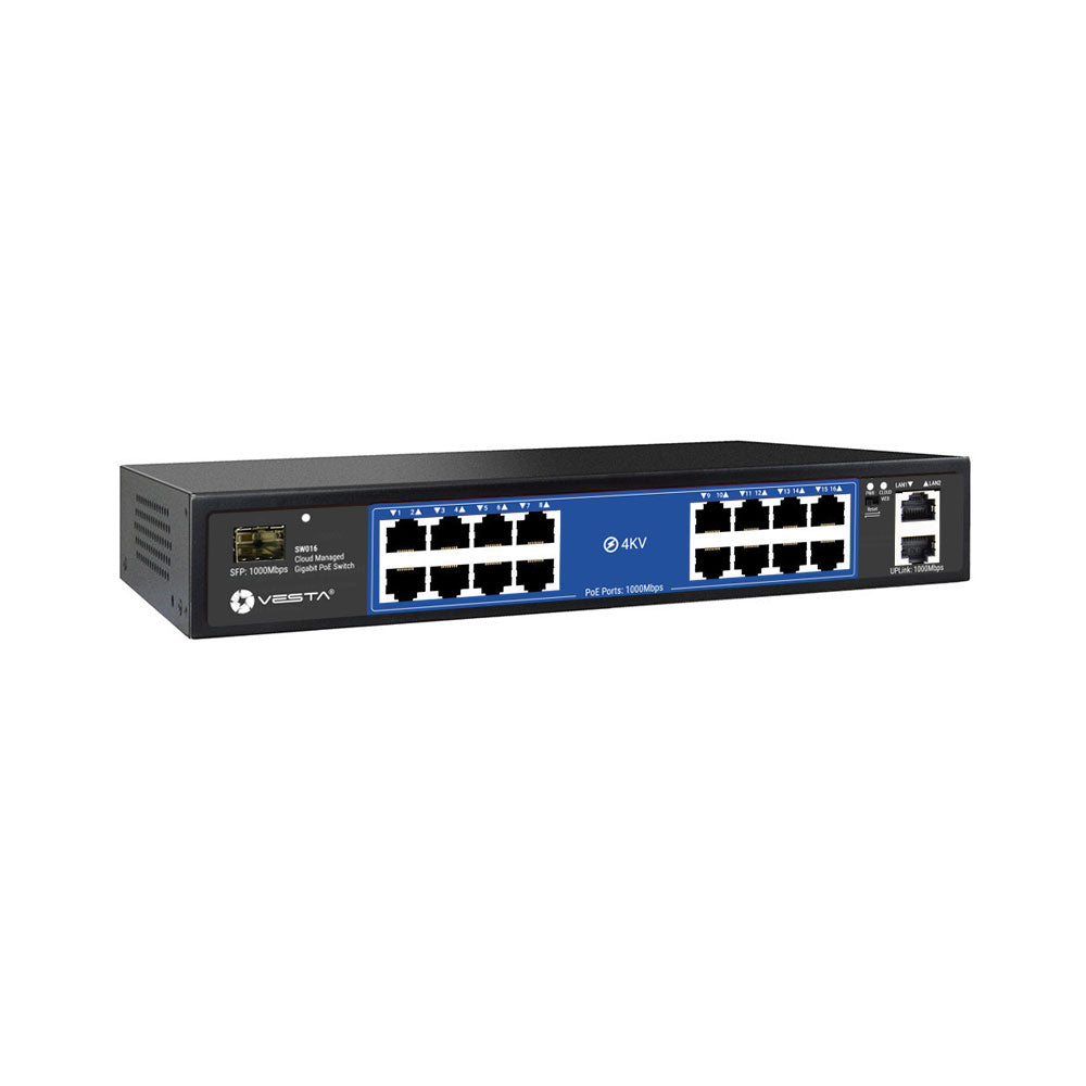 Switch PoE géré dans le cloud VESTA. 16 ports PoE Gigabit et 2 ports Gigabit en cascade. 1 interface Gigabit SFP – SW016