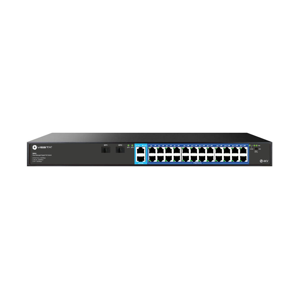Switch PoE géré dans le cloud VESTA. 24 ports PoE Gigabit et 2 ports Gigabit en cascade. 2 interfaces Gigabit SFP – SW024