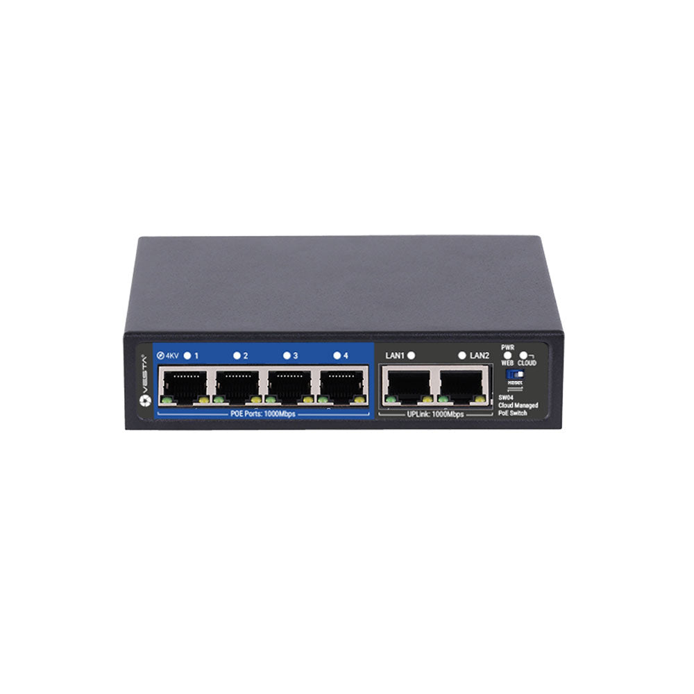 Switch PoE géré dans le cloud VESTA. 4 ports PoE Gigabit et 2 ports Gigabit en cascade – SW04