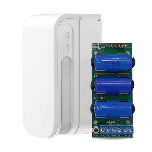 Détecteur de double PIR dual pour vision latéral pour extérieur. Couverture de 12m à chaque côté. Antimasking par IR activé. Peut se connecter à une caméra de CCTV pour envoi d'alarmes visuelles
