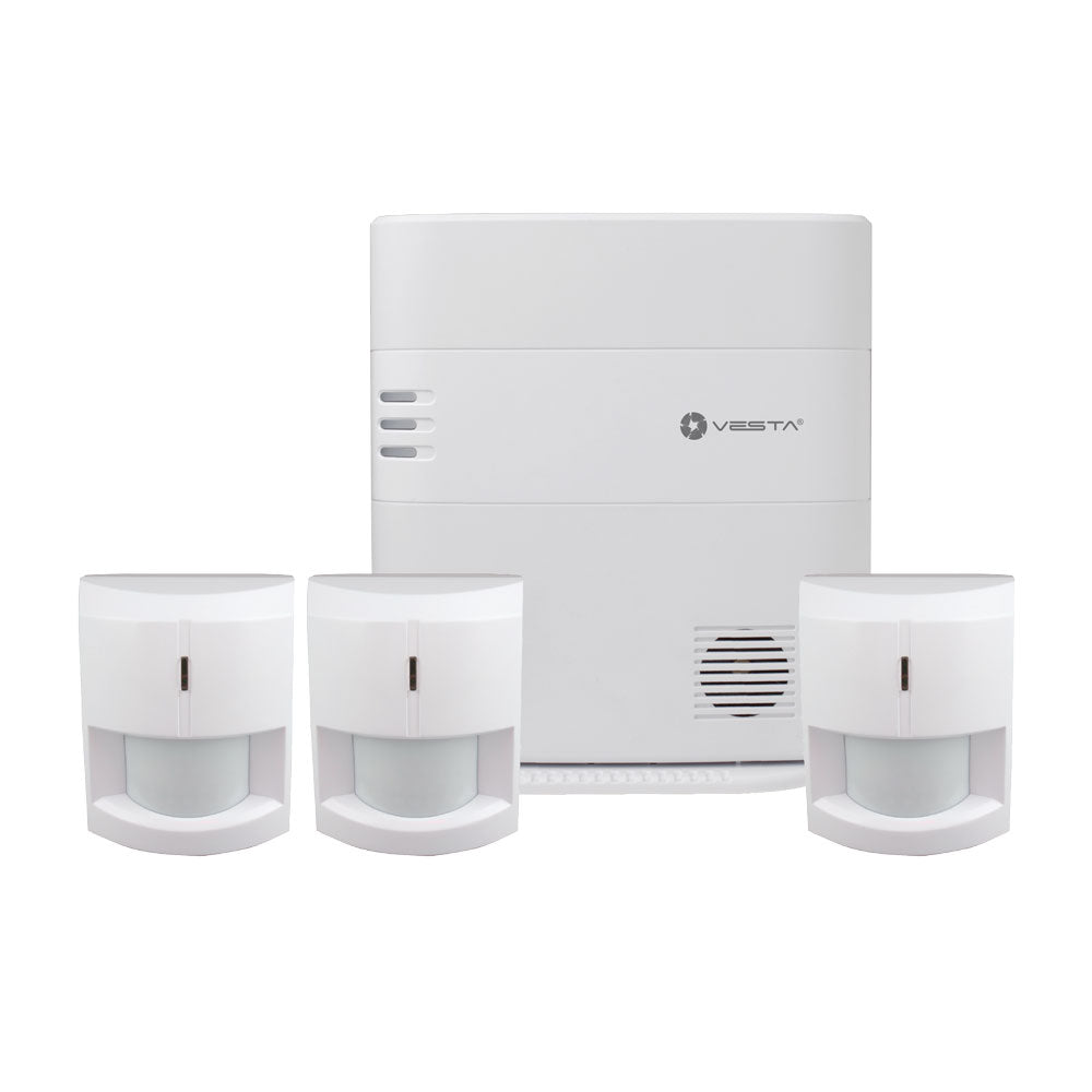 Kit VESTA composé de : 1x VESTA-046 (HSGW-G8-2G-F1-ZW) 640 zones par radio, Grade 2 ; 3x VESTA-009 (IR-29SL-F1) détecteurs PIR par radio… – VESTA-054