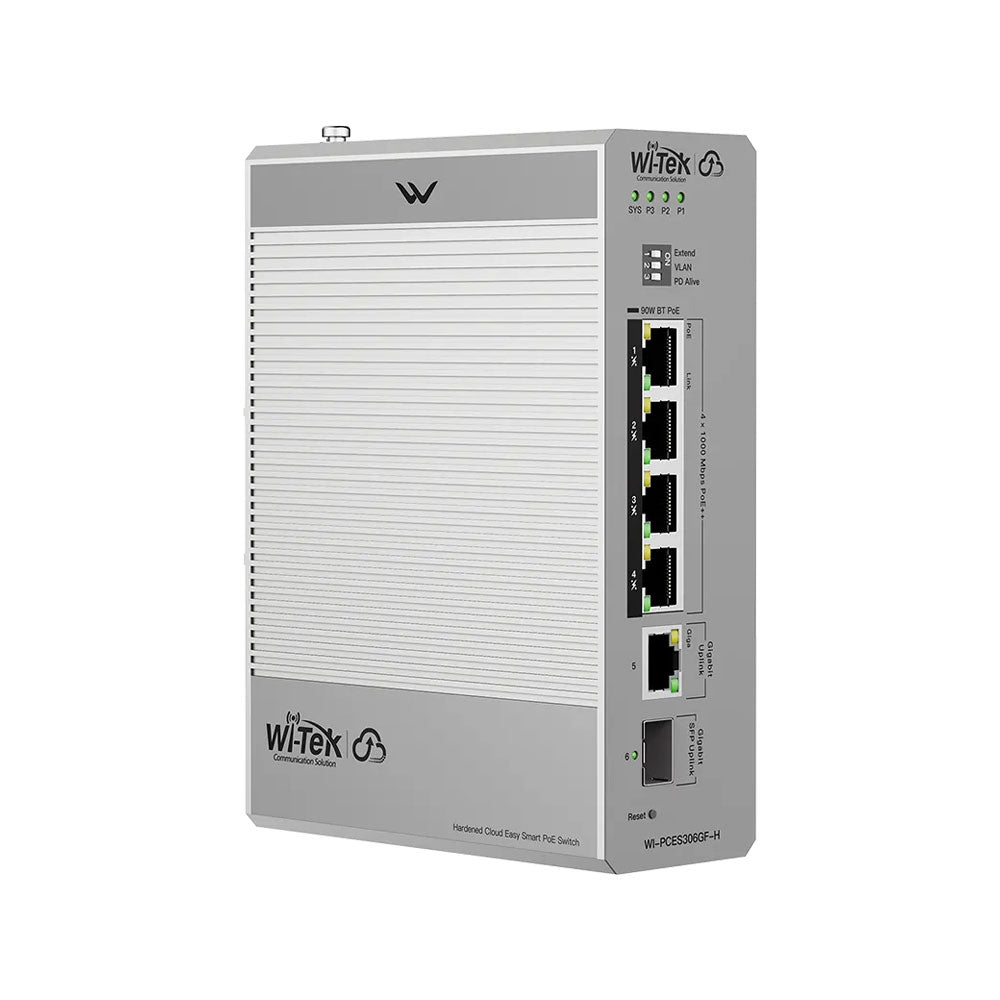 Switch PoE Gigabit administrable Wi-Tek avec 4 ports PoE++ et uplinks RJ45/SFP pour rail DIN
